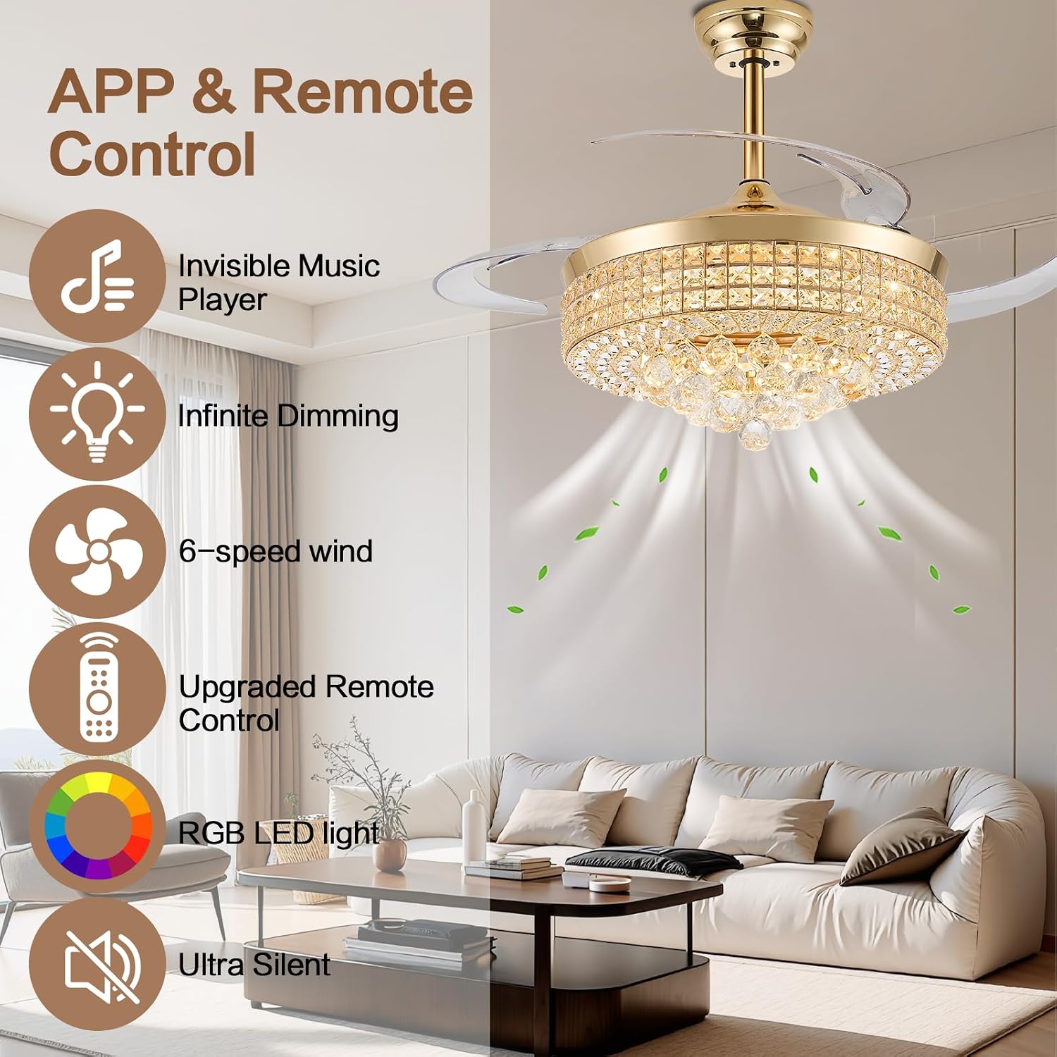 RGB Bluetooth Ceiling Fan with Light & Speaker, Gold, 48in | Retractable Crystal Fandelier, Music Crystal Chandelier Fan, 6-Speed APP Remote Control, Timer