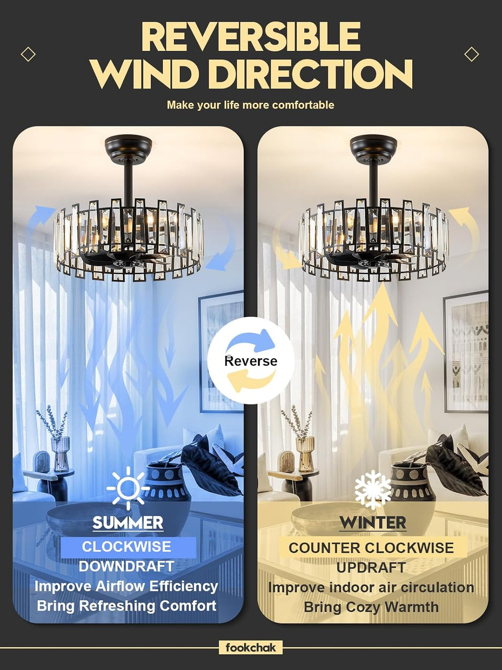 Crystal Caged Ceiling Fan Light with Remote Control Modern Black Crystal Ceiling Light with Fan Reversible 18in Fandelier for Bedroom Kitchen Dining Room Living Room