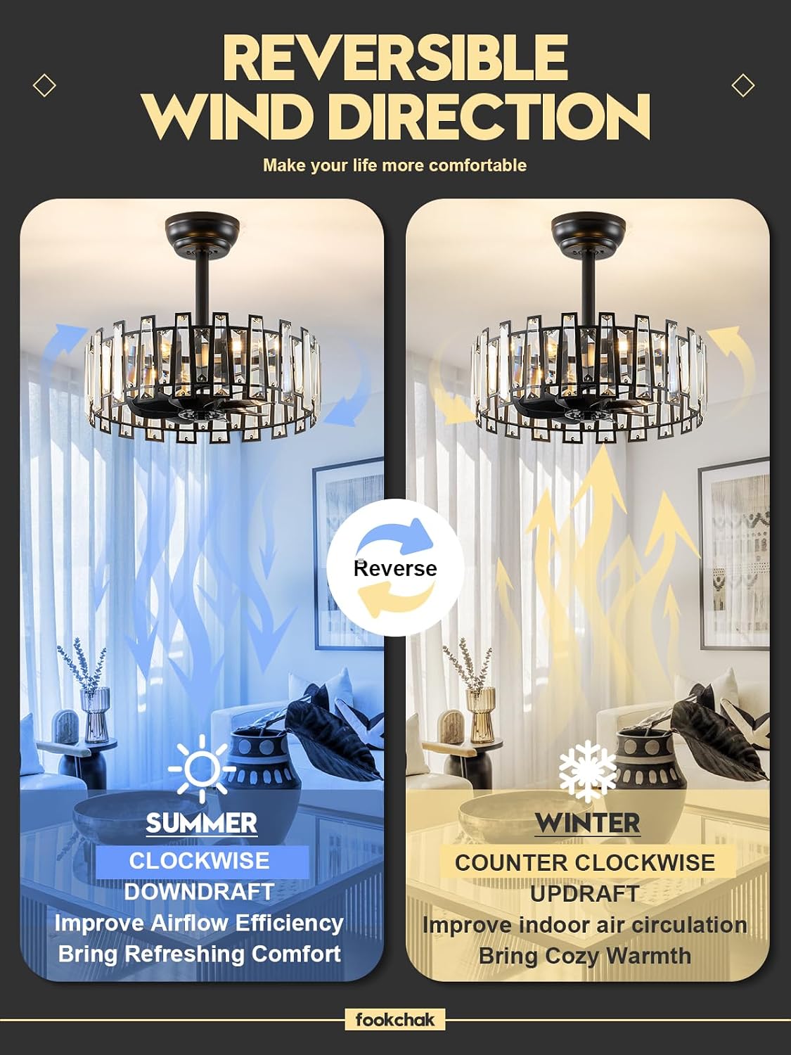 Crystal Caged Ceiling Fan Light with Remote Control Modern Black Crystal Ceiling Light with Fan Reversible 18in Fandelier for Bedroom Kitchen Dining Room Living Room