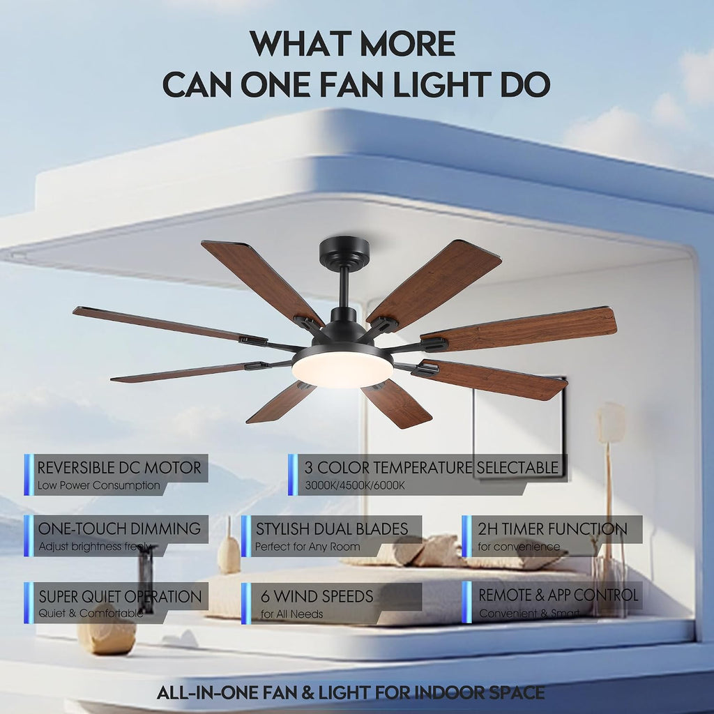 JSAITEE 60In Ceiling Fans with Lights - Brown Low Profile Fan Light with 8 Blades, 6 Wind Speeds Reversible, Dimmable, Modern Light Fixture for Indoor Living Room, Kitchen, Coverd Patios