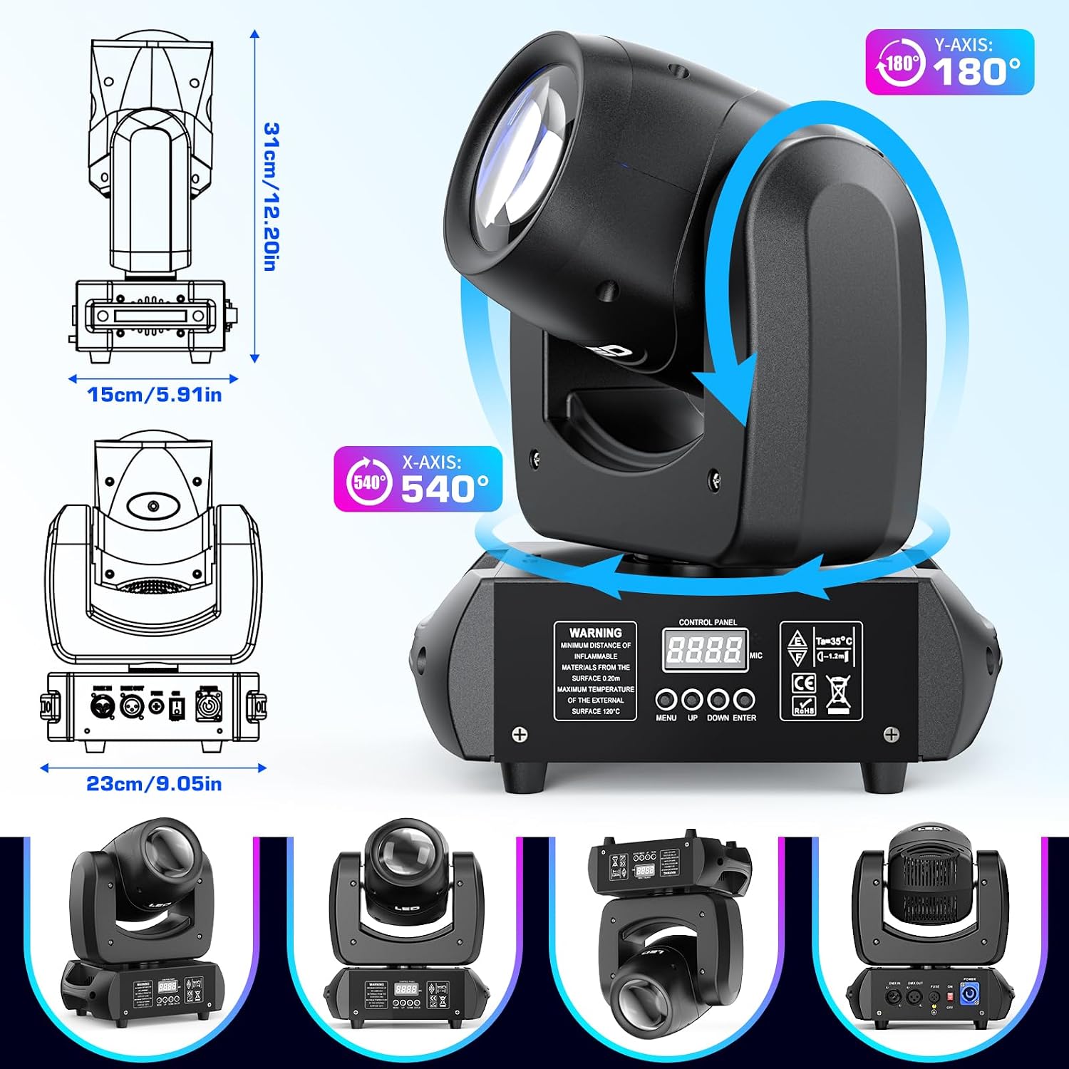 HOLDLAMP 120W LED Moving Head Light with Rotating 18-Facet Prism, Flight Case for 4PCS ZQ02021 Gobos and 8 Colors by DMX and Sound Activated Control (Moving Heads + Flight Case)