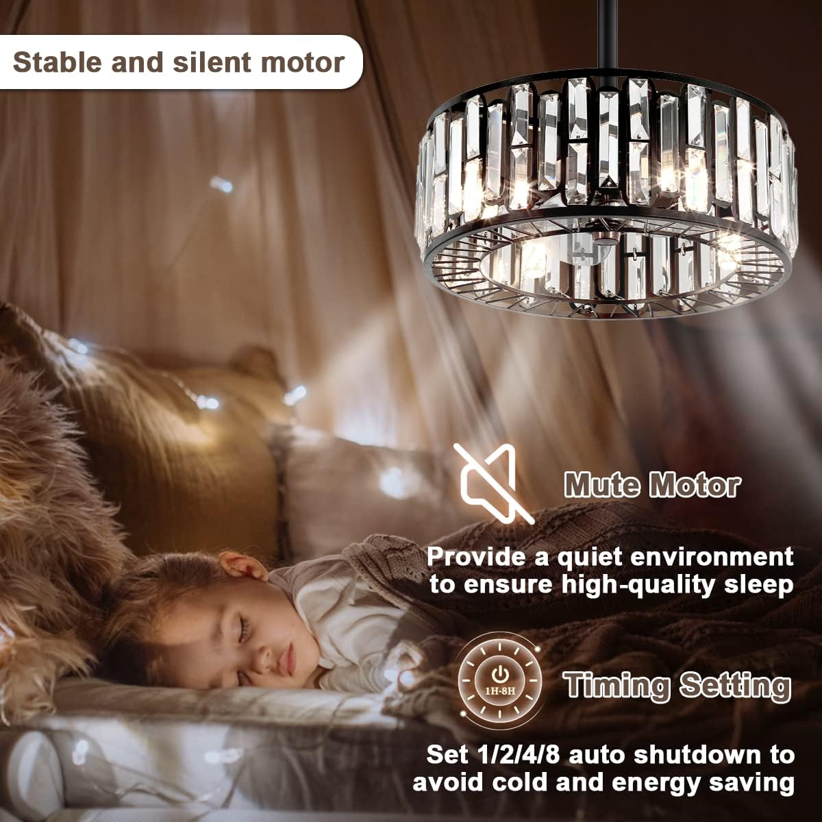 18' Modern Enclosed Bladeless Ceiling Fan with Light and Remote, Industrial Black Caged Fandelier 3 Speeds Timer Crystal Chandelier Fan for Farmhouse Kitchen Island