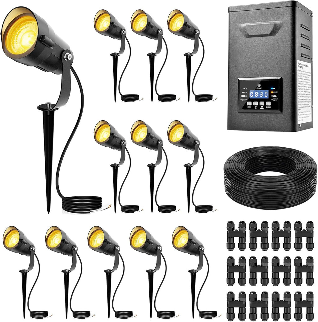 12W Low Voltage Landscape Lighting Kit, 3000K LED Landscape Lights with 200W Transformer, 100FT 16/2 Wire and Connectors, Waterproof Outdoor Spotlights for Yard, Garden, Pathway, 12V-24V AC/DC, 12Pack