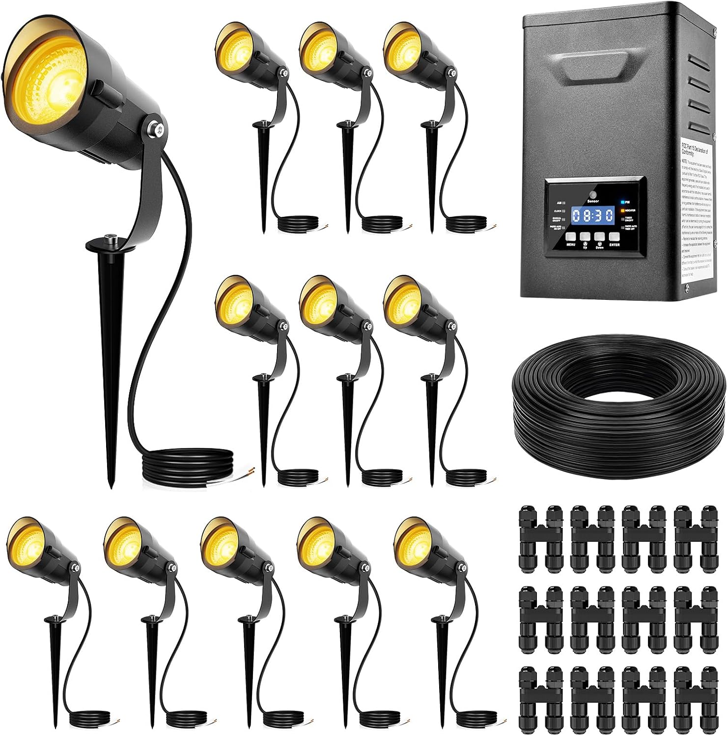 12W Low Voltage Landscape Lighting Kit, 3000K LED Landscape Lights with 200W Transformer, 100FT 16/2 Wire and Connectors, Waterproof Outdoor Spotlights for Yard, Garden, Pathway, 12V-24V AC/DC, 12Pack