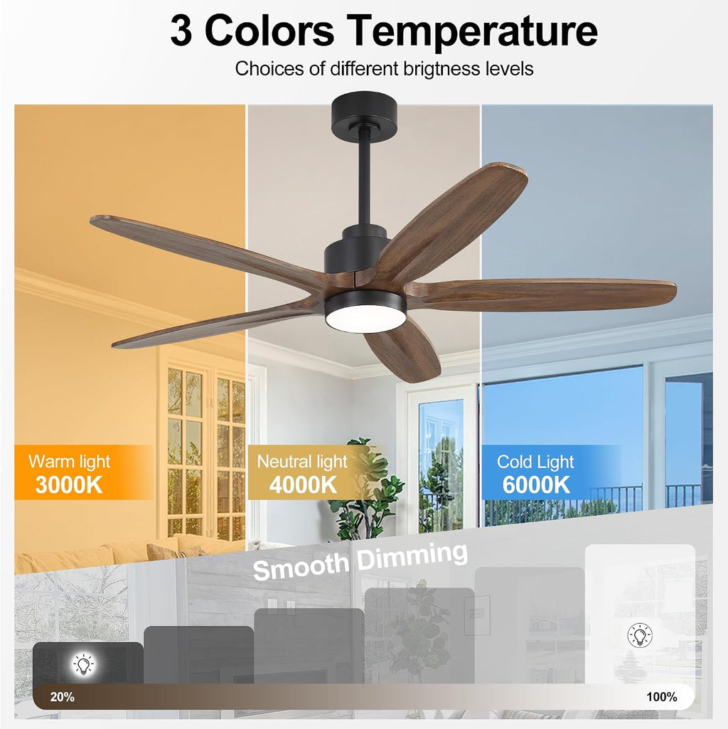 WINGBO 54' Ceiling Fan with Light - 5 Carved Solid Wood Blades, 6-Speed Reversible DC Motor, Dimmable, 3CCT, Noiseless Remote Control Ceiling Fans with Lights for Bedroom Living Room, Black and Wood