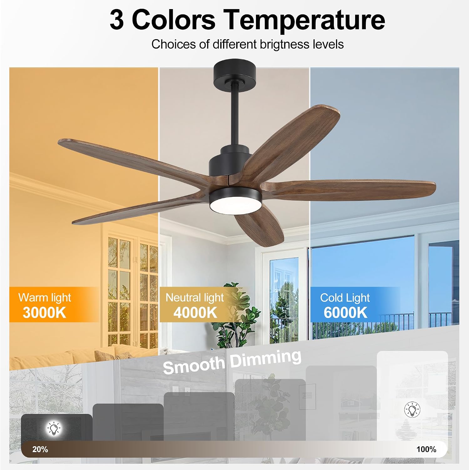 WINGBO 54' Ceiling Fan with Light - 5 Carved Solid Wood Blades, 6-Speed Reversible DC Motor, Dimmable, 3CCT, Noiseless Remote Control Ceiling Fans with Lights for Bedroom Living Room, Black and Wood