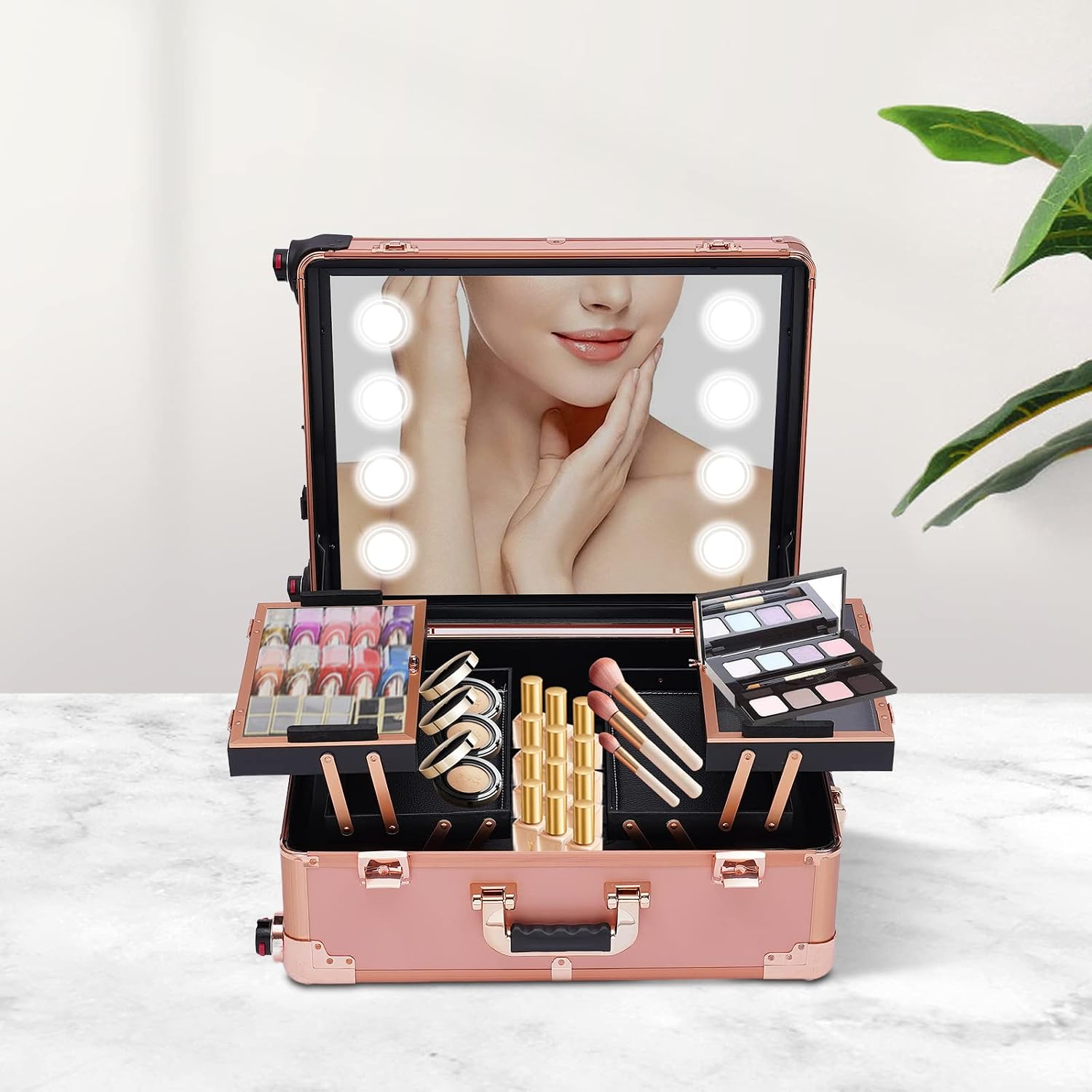 3-Tier Rolling Makeup Train Case, Aluminum Salon Cosmetic Trolley Organizer with LED Light & Mirror & 4 Wheels Adjustable Height Professional Large Storage Travel Beauty Luggage Rose Gold