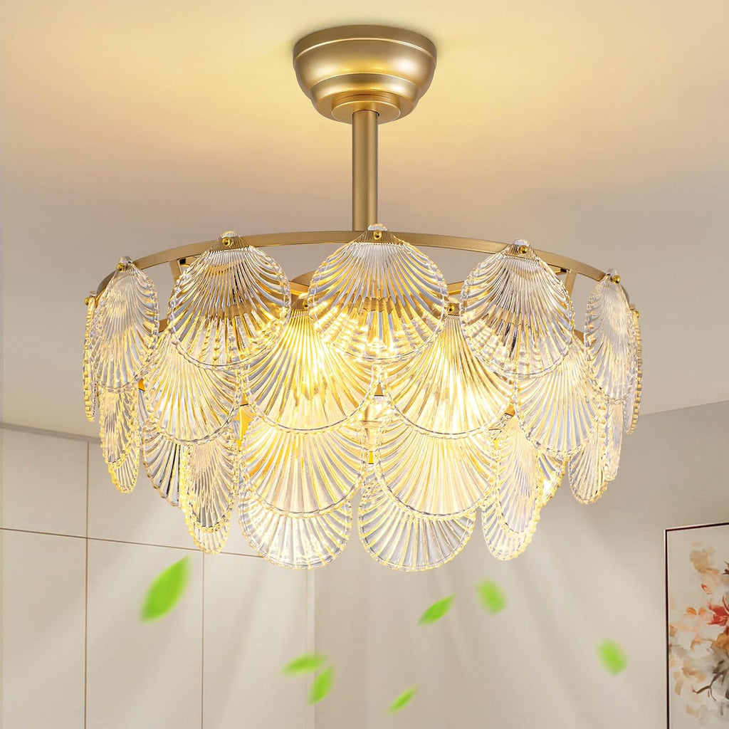 NOXARTE 22 Inch Crystal Ceiling Fan with Light, Multi-Tier Shell Cloud Glass Metal Caged Ceiling Fan Remote Control Modern Gold Fandelier Reverse Motor 6 Speeds Chandelier Fan for Living Room Bedroom