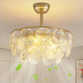 NOXARTE 22 Inch Crystal Ceiling Fan with Light, Multi-Tier Shell Cloud Glass Metal Caged Ceiling Fan Remote Control Modern Gold Fandelier Reverse Motor 6 Speeds Chandelier Fan for Living Room Bedroom
