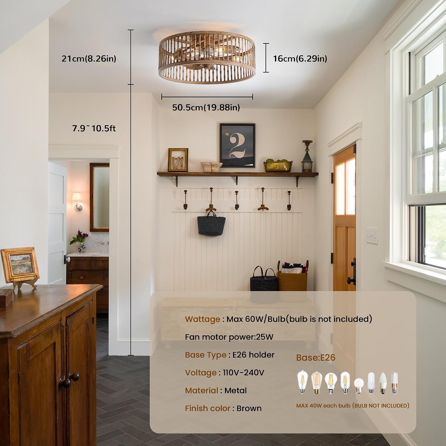 Rustic Looking Caged Ceiling Fan with Lights and Remote, 20 Inch Low Profile Flush Mount Fandelier, Bladeless/Quiet Motor Boho Fan Light for Bedroom, Dining Room, Kitchens, Living Room, Office