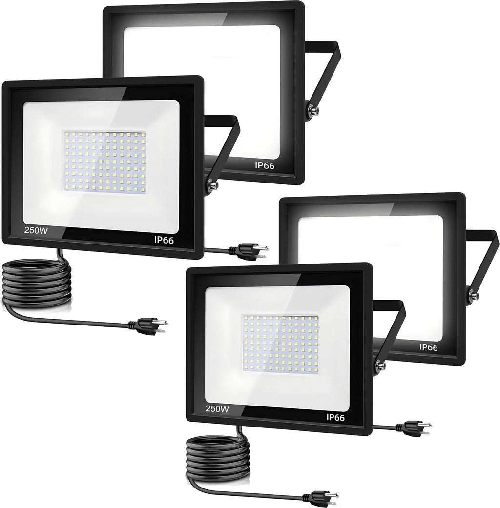 4Pack 250W LED Flood Light Outdoor,25500LM LED Work Light with US Plug,6000K Daylight White,IP67 Waterproof Outdoor Floodlights for Yard,Garden,Playground
