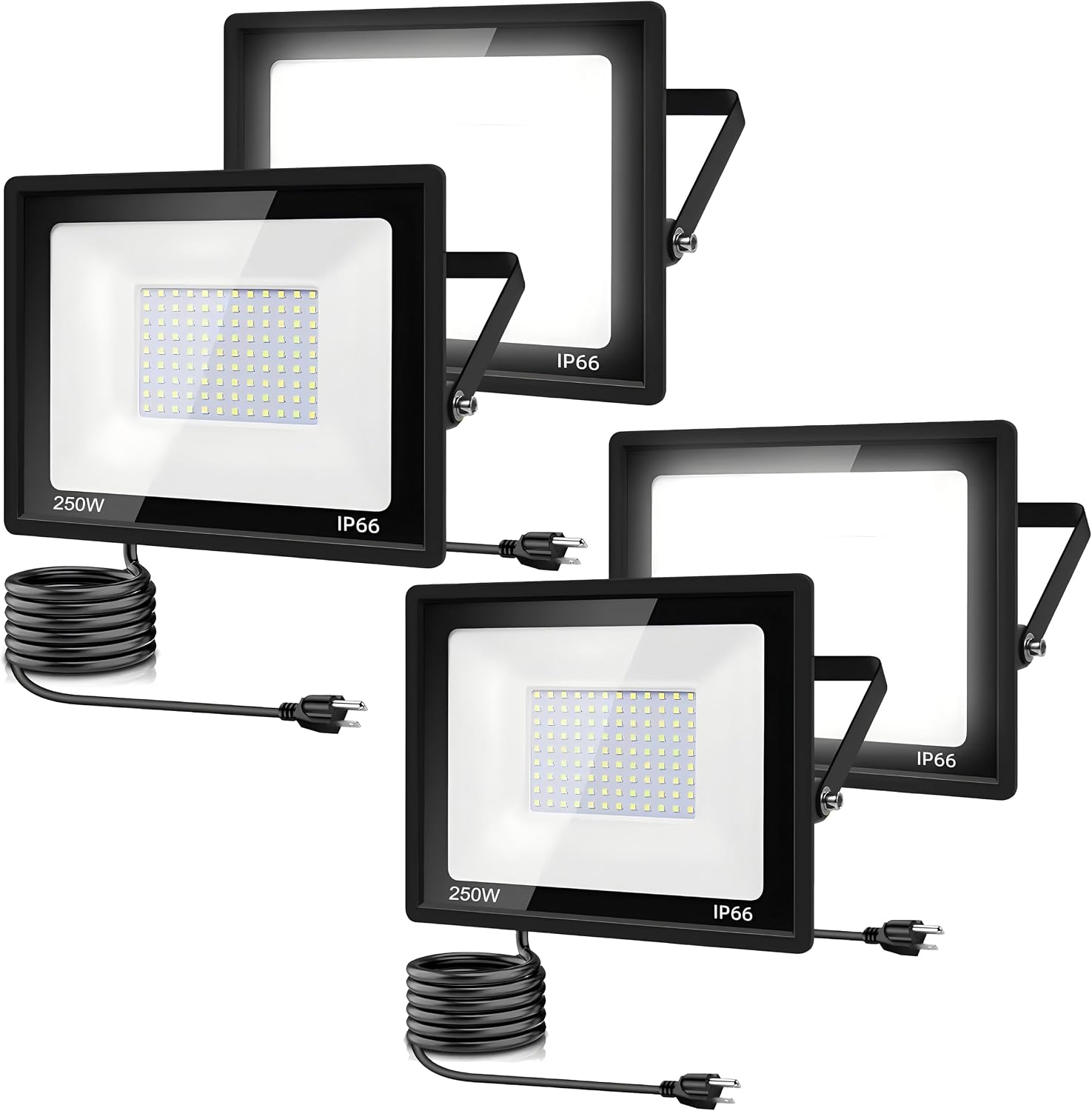 4Pack 250W LED Flood Light Outdoor,25500LM LED Work Light with US Plug,6000K Daylight White,IP67 Waterproof Outdoor Floodlights for Yard,Garden,Playground