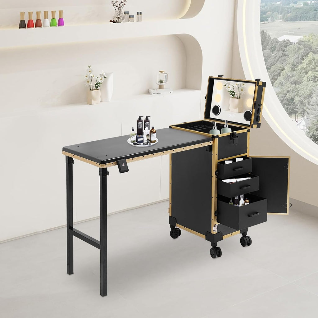 Professional Rolling Makeup Case, Foldable Nail Tables with Detachable Lighted Mirror, Travel Cosmetic Trolley Storage Organizer with Drawers & Bluetooth Speaker, Manicure for Artist (Black, Gold)
