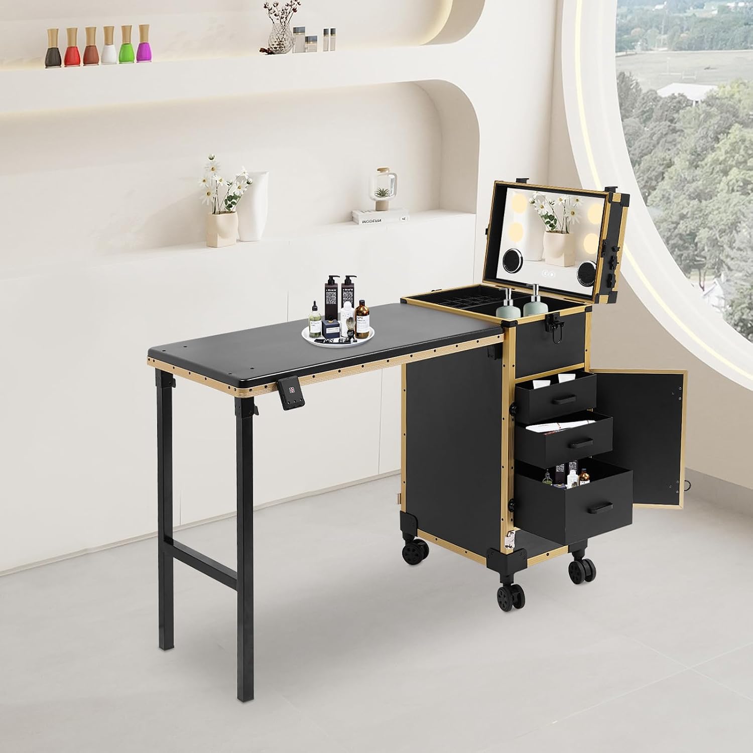 Professional Rolling Makeup Case, Foldable Nail Tables with Detachable Lighted Mirror, Travel Cosmetic Trolley Storage Organizer with Drawers & Bluetooth Speaker, Manicure for Artist (Black, Gold)