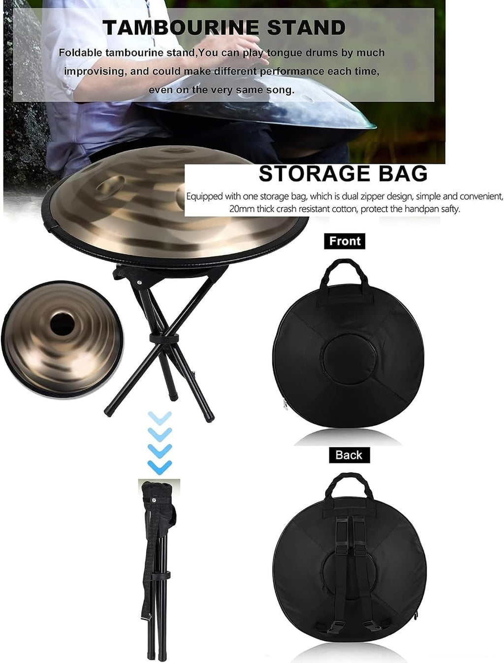 Handpan Drum Steel Hand Pan, 9/10/12/14 Notes Hand Drum In D Kurd Minor, 432 Hz Handpan Drums Percussion Instrument Steel Handpan Drum, With Handpan Bag, 2 Mallets And Hand Drum Stand(12Notes)