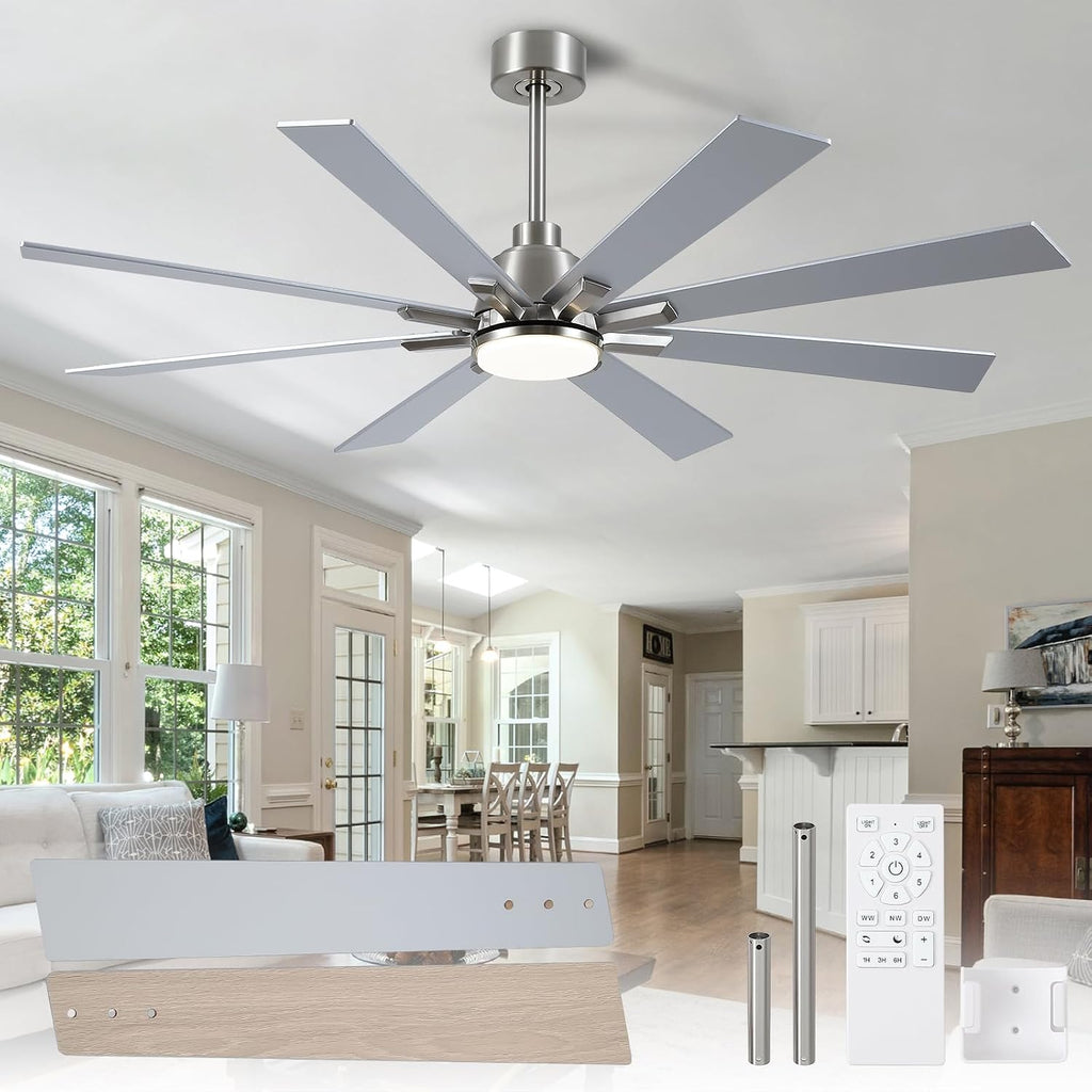 62 Inch Ceiling Fans with Lights and Remote, Pure Copper DC Motor Brushed Nickel Large Indoor/Outdoor Modern Industrial Ceiling Fan, Quiet, 6 Speed, 3CCT, for Patios Living Room Farmhouse Garage