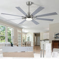 62 Inch Ceiling Fans with Lights and Remote, Pure Copper DC Motor Brushed Nickel Large Indoor/Outdoor Modern Industrial Ceiling Fan, Quiet, 6 Speed, 3CCT, for Patios Living Room Farmhouse Garage