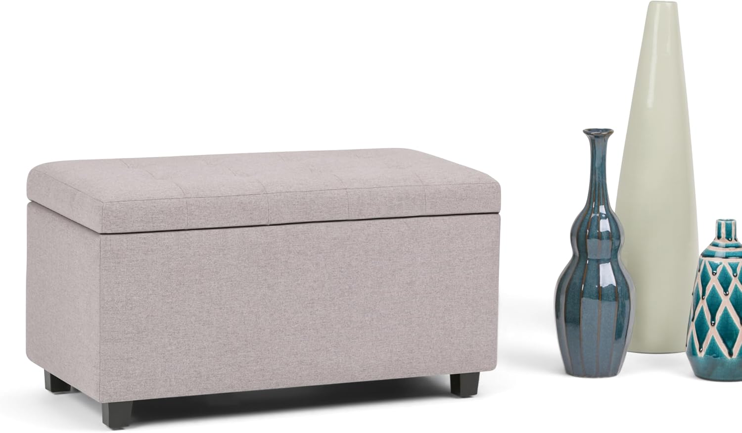 SIMPLIHOME Cosmopolitan Storage Ottoman - 34 inch Wide Upholstered Linen Look Fabric Rectangle Storage Ottoman Bench in Cloud Grey, Transitional Tufted Ottoman for Living Room with Lift-Up Lid