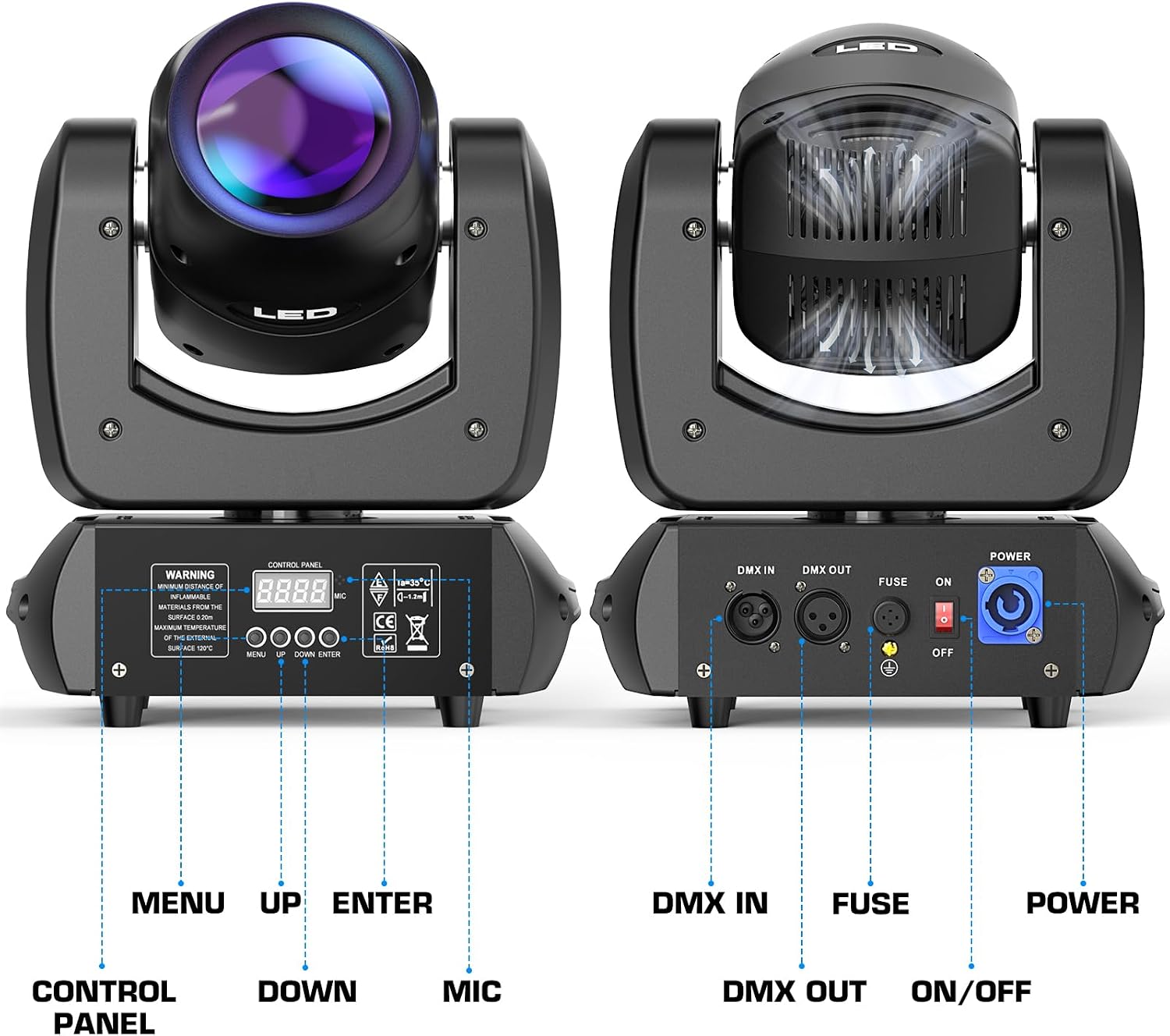 HOLDLAMP 120W LED Moving Head Light with Rotating 18-Facet Prism, Gobos and 8 Colors by DMX and Sound Activated Control (Moving Heads 4 Pack)