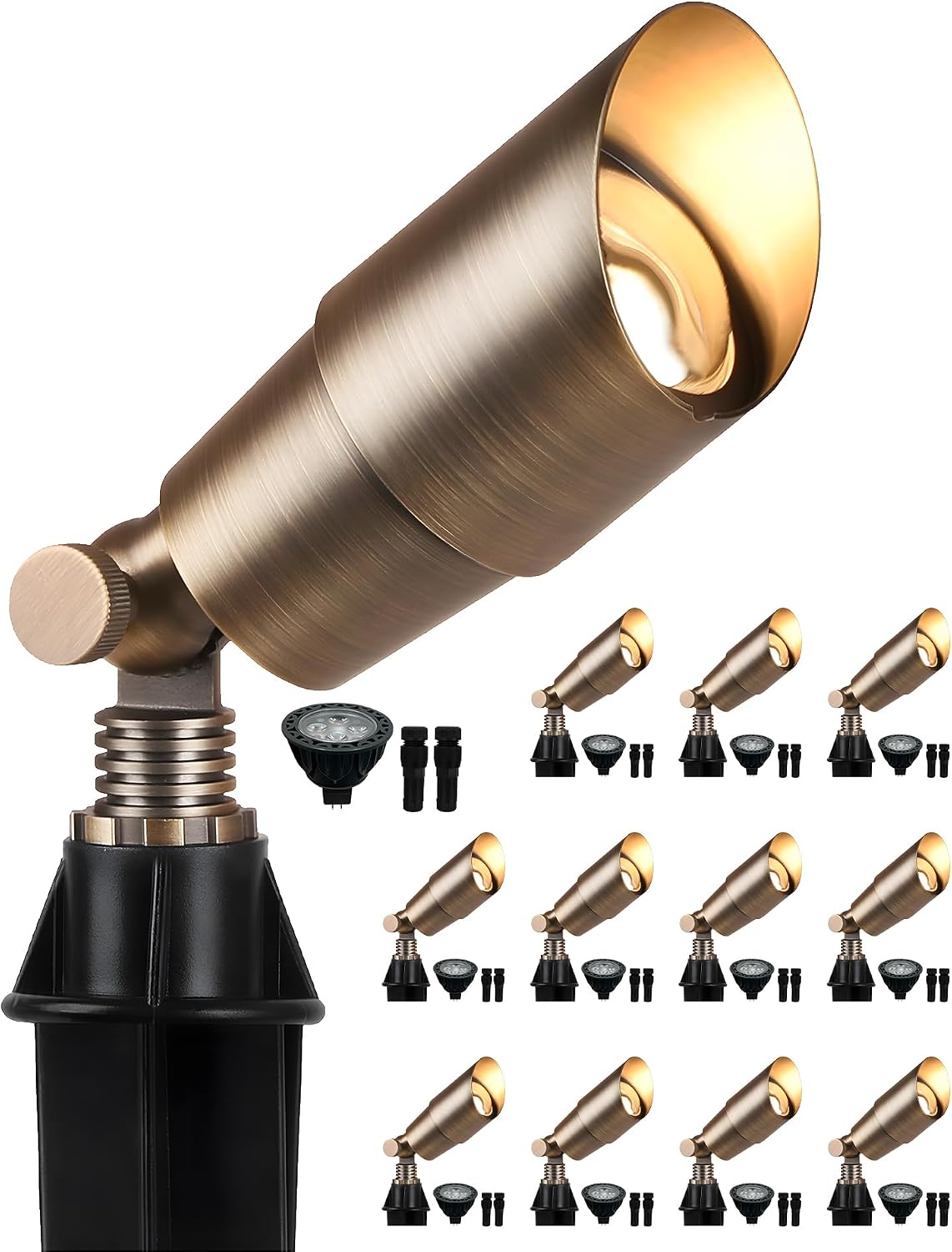PARTPHONER Solid Brass Low Voltage Landscape Lighting, Wired 12V LED Landscape Spotlights with Aluminum Housing MR16 Bulb, Heavy Duty Outdoor Waterproof Up Lights for Garden, Yard, Trees, 12Pack
