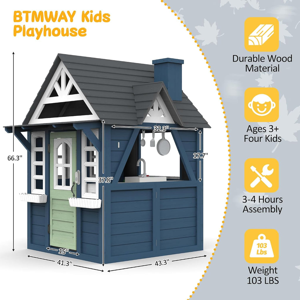 Kids Playhouse Outdoor,Cedar Gray Wooden Play House for Kids Ages 3-8,Interactive Doorbell, Kitchen Counter with Utensils, Sink, Window Boxes for Flowers (Blue)