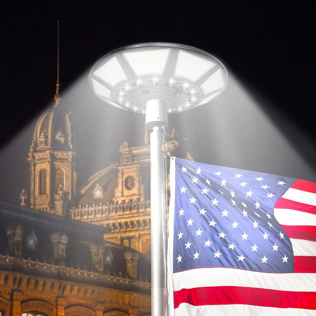 Flagpole Solar Light 6000 Lumens Brightest 566 LED Flag Pole Light Solar Powered with DC Charge Port Last Up to 20 Hrs Outdoor Dusk to Dawn IP67 Waterproof for Most 15 to 40ft Flag Poles
