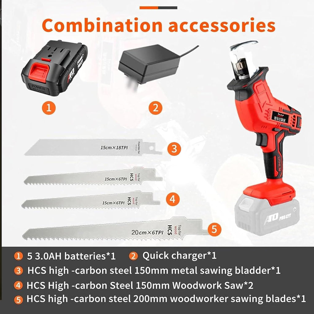 Cordless Reciprocating Saw-Bone Butcher Saw for Commercial & Home|LED Light/Non-slip handle,Battery Powered Bone Meat Cutter with 5 Blades&storage box,for Freeze Meat Bones Chops,1Battery