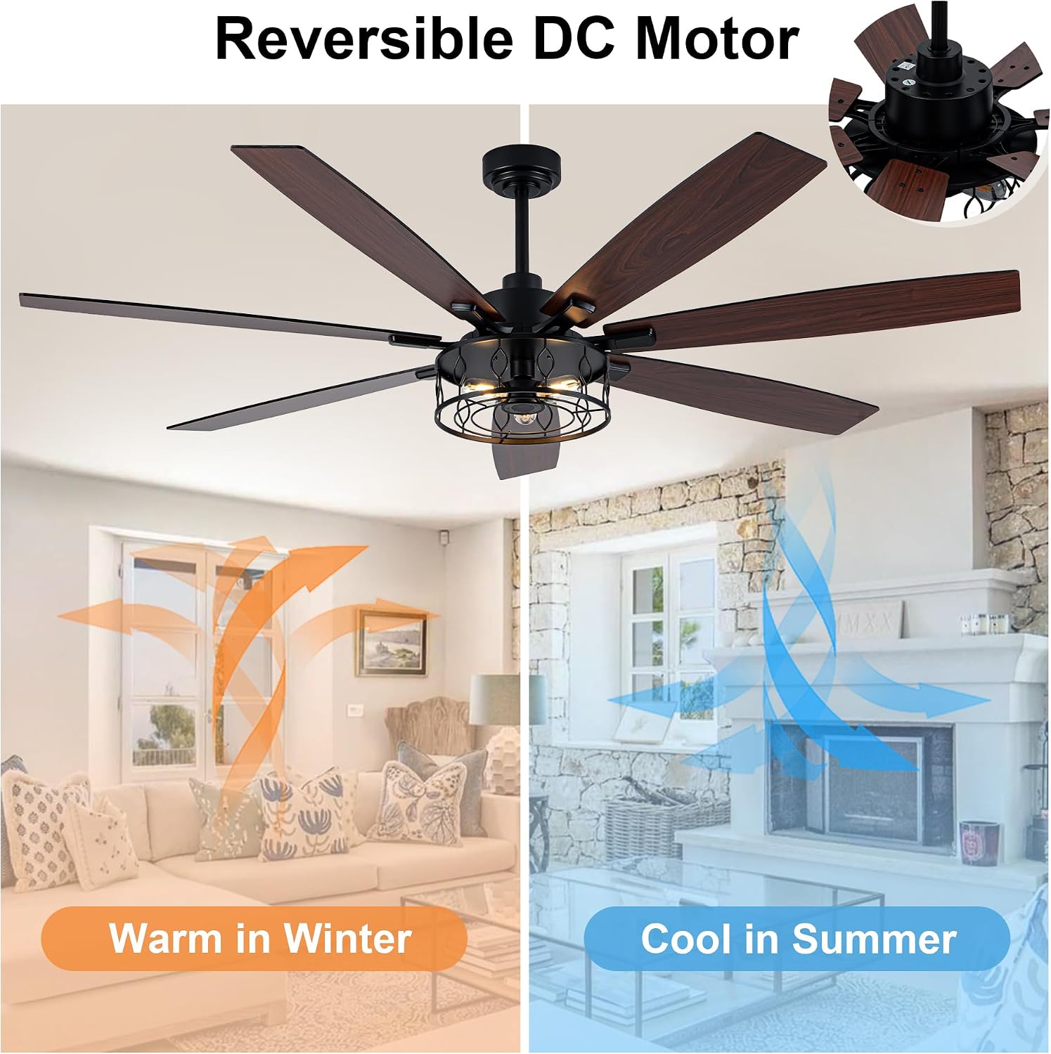 72 Inch Ceiling Fan with Lights Farmhouse Ceiling Fan with Lights Black Caged Fandelier Rustic Industrial Chandelier for Living Room Indoor Outdoor, Reversible DC Motor 6 Speeds