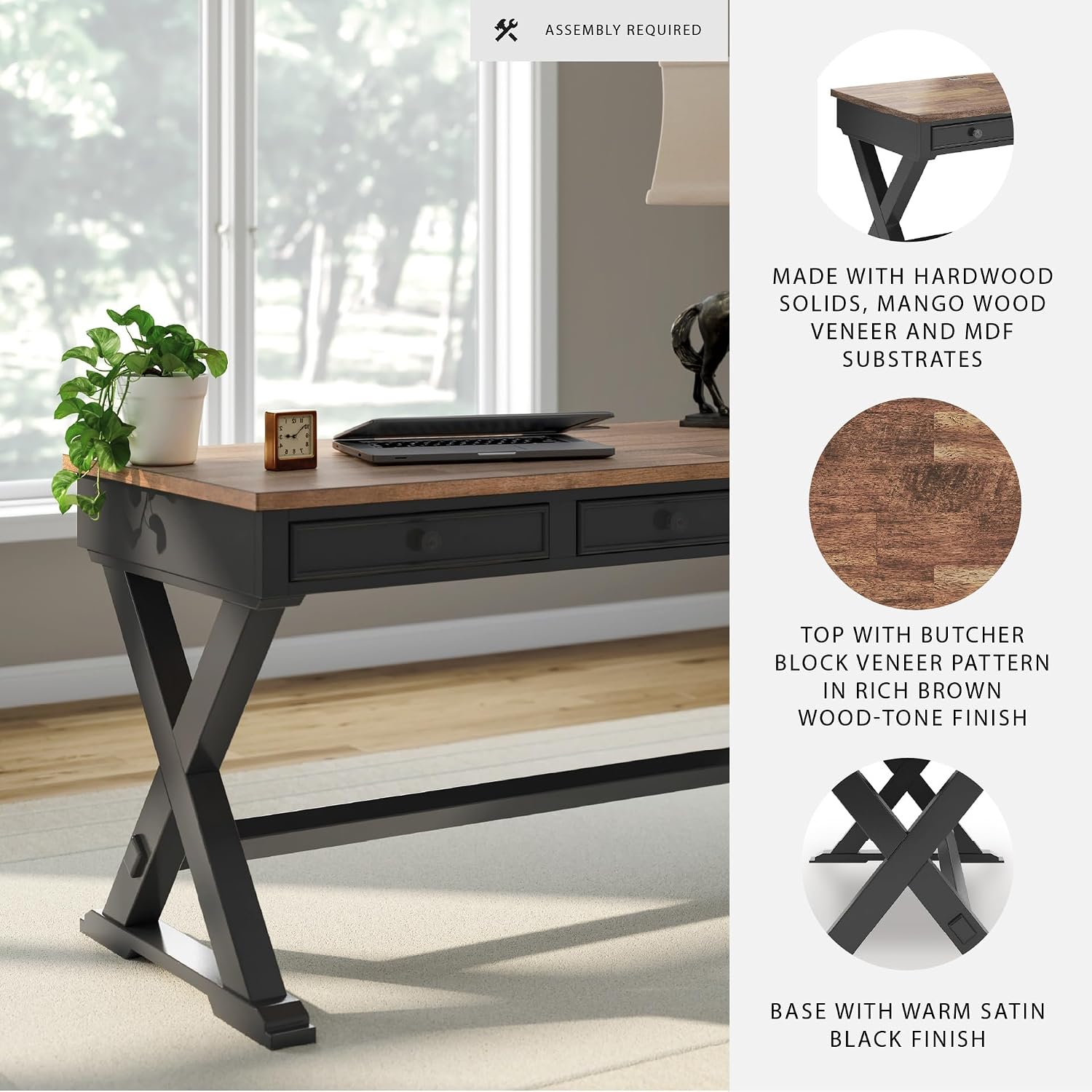 Signature Design by Ashley Wildenauer Farmhouse 1-Drawer 60' Home Office Desk with Keyboard Tray, Cord Management and Trestle Base, Dark Brown & Black