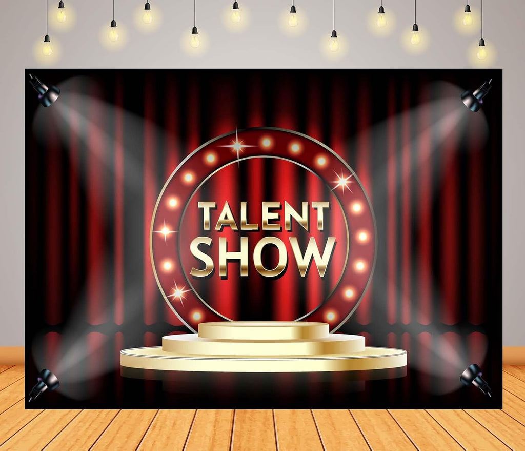 BELECO 20x10ft Fabric Talent Show Backdrop Red Stage Curtain with Spotlight Gold Stage Background Drama Play Talk Show Music Party Decorations Banner Photo Props