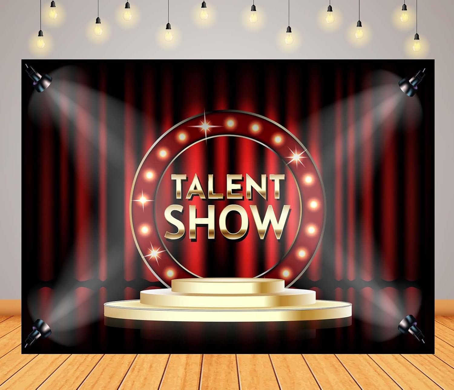 BELECO 20x10ft Fabric Talent Show Backdrop Red Stage Curtain with Spotlight Gold Stage Background Drama Play Talk Show Music Party Decorations Banner Photo Props