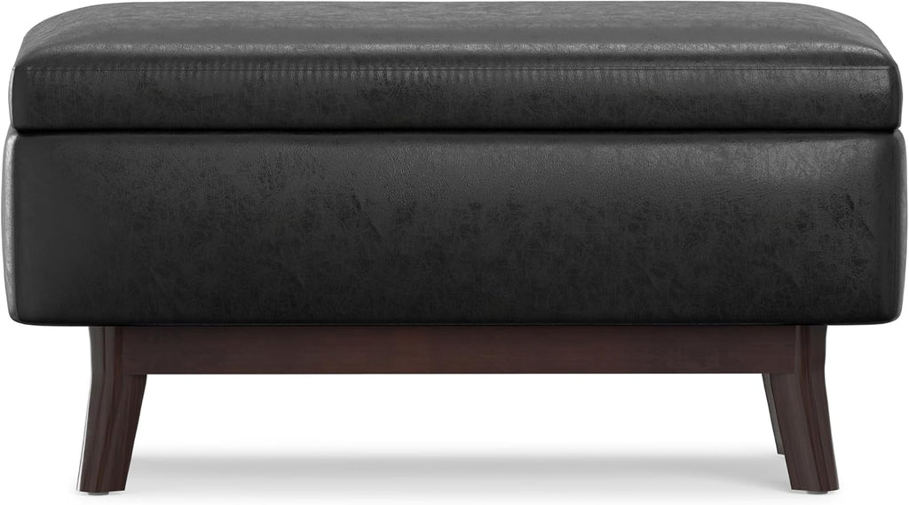 SIMPLIHOME Owen Small Rectangular Storage Ottoman - 36 inch Wide Upholstered Vegan Leather Lift-Top Ottoman in Distressed Black, Mid-Century Modern Ottoman for Living Room with Tufted Detail