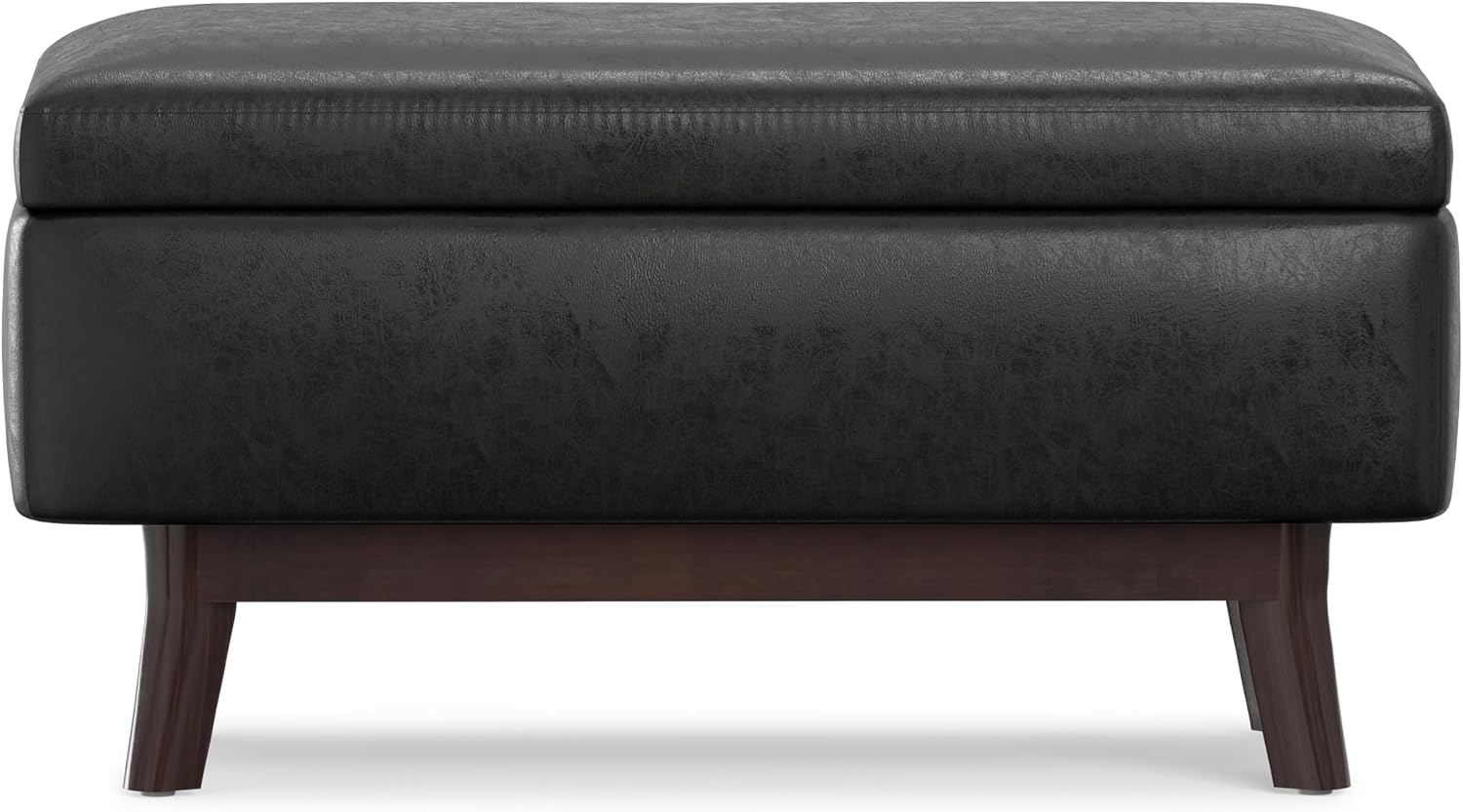 SIMPLIHOME Owen Small Rectangular Storage Ottoman - 36 inch Wide Upholstered Vegan Leather Lift-Top Ottoman in Distressed Black, Mid-Century Modern Ottoman for Living Room with Tufted Detail