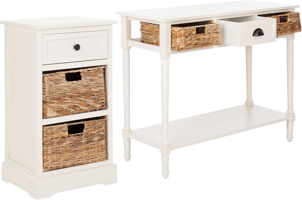 SAFAVIEH Home Collection – Christa Distressed White Console Table with Rattan Drawers & Shelf, Coastal Cottage Storage Console, Vintage Design (AMH5737B)