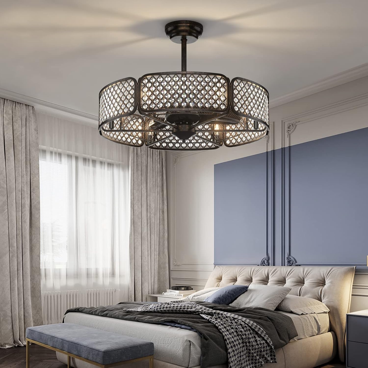 Tangkula Caged Ceiling Fan with Light, 30 Inch Crystal Ceiling Fan with 6 Light Bases, 3 Fan Blades & Remote Control, 6 Speeds, Reversible DC Motor, Timing Function, 6 x E12 Base (Coffee)