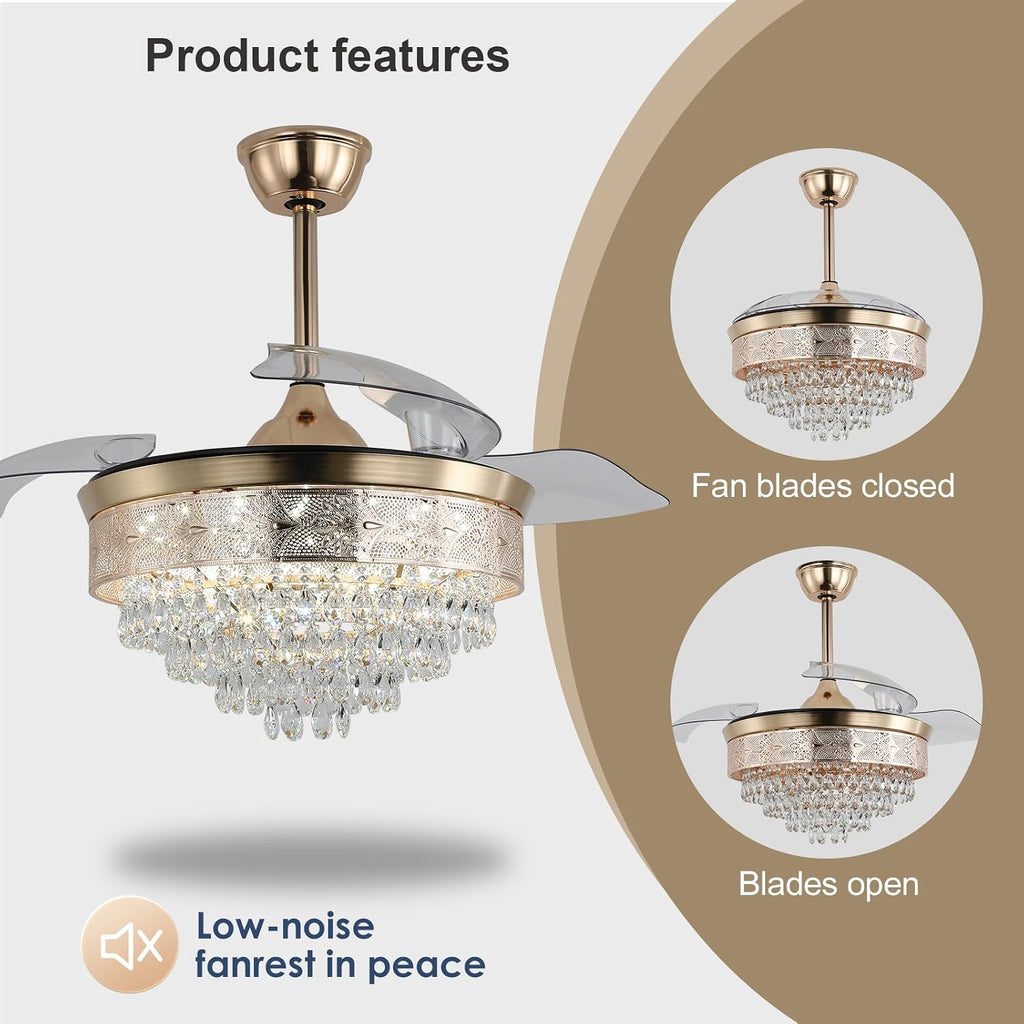 42' Gold Crystal Fandelier Ceiling Fan with Lights, Retractable Blades, Remote Dimmable LED, 3 CCT Color Temp, Memory, Reversible DC Motor, 6 Speed, Timer, Indoor Bedroom Living Room