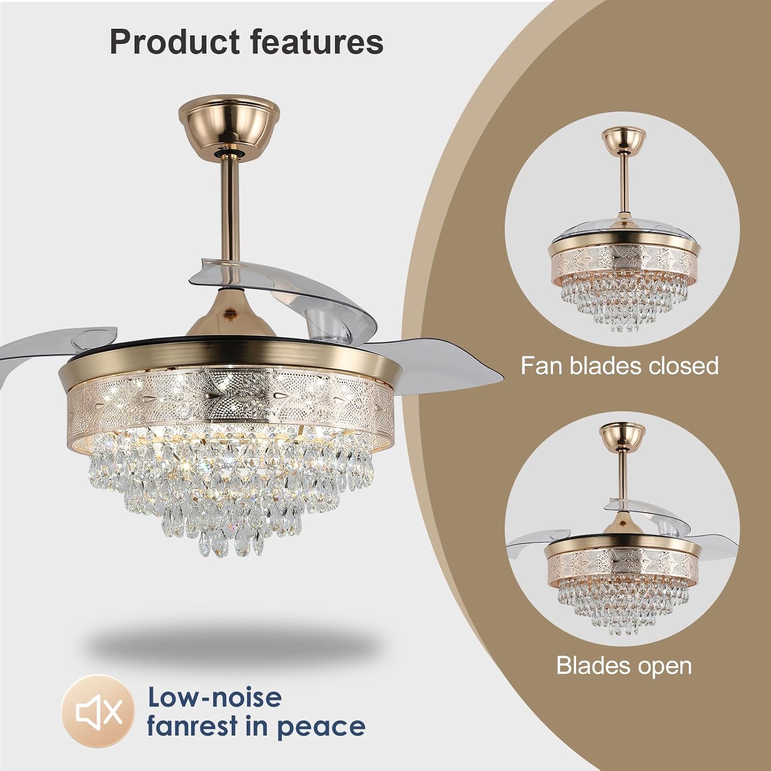 42' Gold Crystal Fandelier Ceiling Fan with Lights, Retractable Blades, Remote Dimmable LED, 3 CCT Color Temp, Memory, Reversible DC Motor, 6 Speed, Timer, Indoor Bedroom Living Room