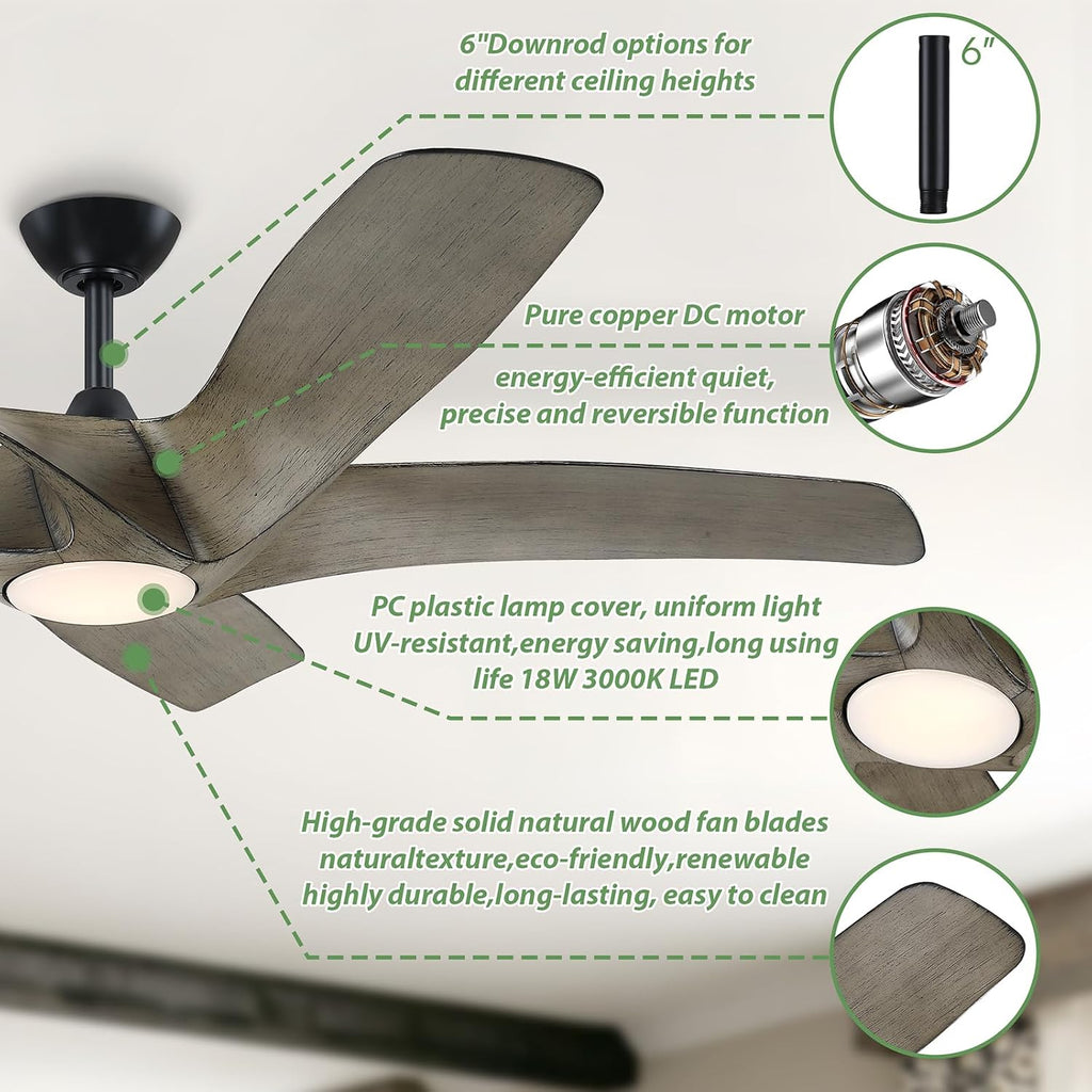 60 Inch Ceiling Fans with Lights and Remote,Flush Mount Low Profile, DC Reversible Motor,6 Speeds Noiseless Ceiling fans For Bedroom,Patio,Farmhouse,Indoor & Outdoor Use,ETL Certification