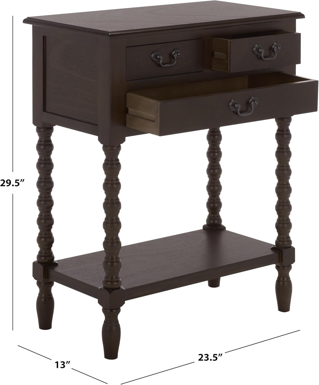 SAFAVIEH Furniture - Athena 3-Drawer Console Table - Dark Chocolate - Solid Wood - Farmhouse Classic Design - Ideal for Entryway, Living Room, Hallway, 23.5' W x 13' D x 29.5' H (CNS5703D)