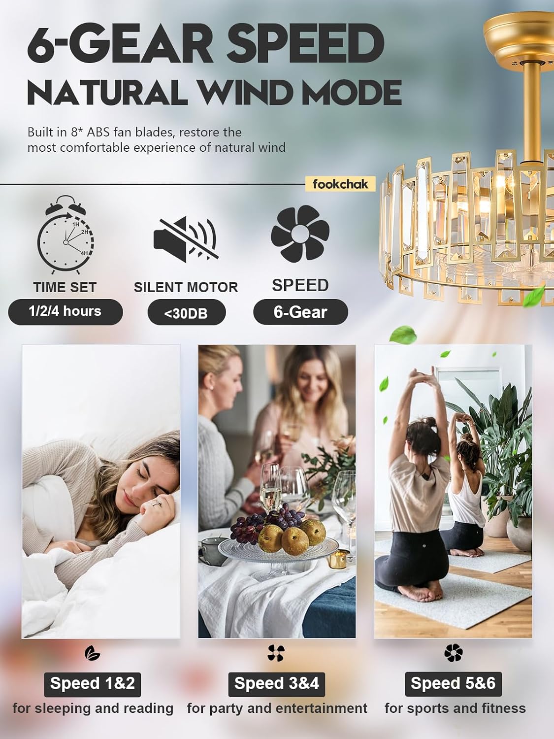 Gold Caged Ceiling Fans with Light, Brass Ceiling Fan Light with Remote Control Modern Crystal Chandelier with Fan 18' Semi-Flush Mount Fandeliers for Bedroom Dining Room Living Room Kitchen
