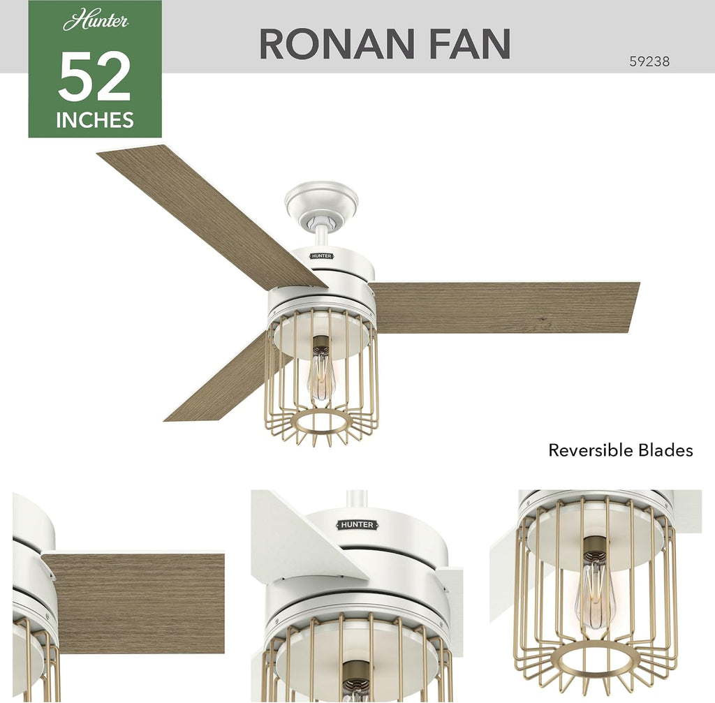 Hunter 52 inch Indoor Ceiling Fan with LED Light and Remote Control - Modern White Ceiling Fan, Standard Mount, 3 Blades, For Bedroom, Living Room, or Kitchen, Quiet - Ronan 59238, Fresh White
