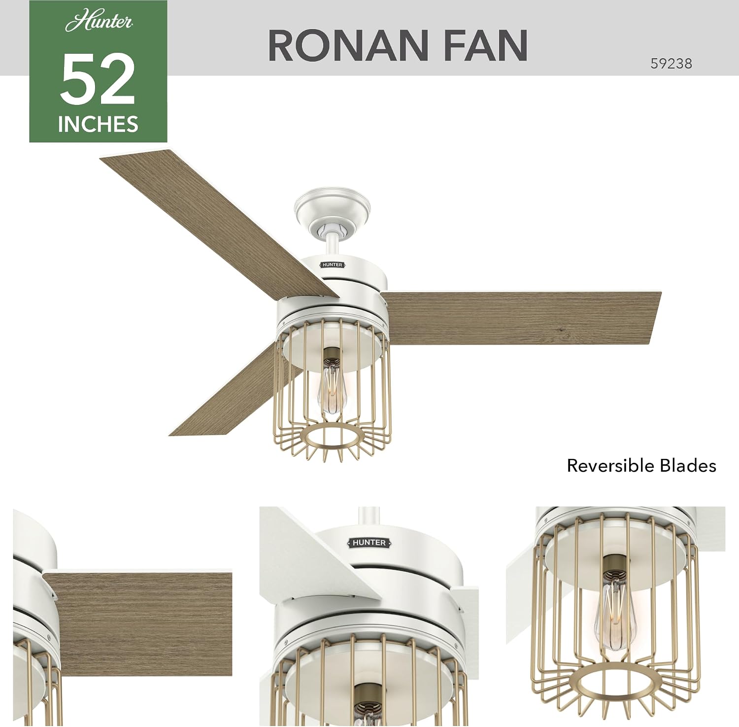 Hunter 52 inch Indoor Ceiling Fan with LED Light and Remote Control - Modern White Ceiling Fan, Standard Mount, 3 Blades, For Bedroom, Living Room, or Kitchen, Quiet - Ronan 59238, Fresh White