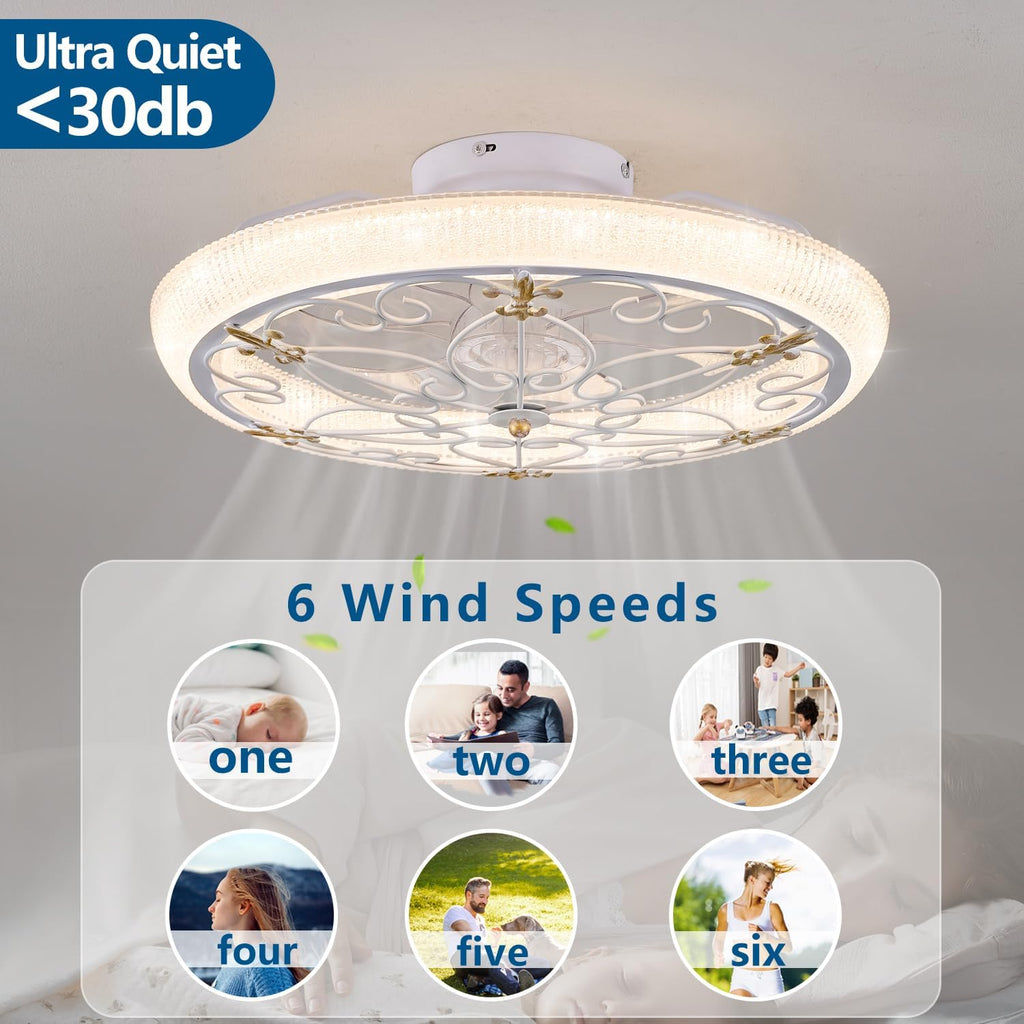 20' White Caged Ceiling Fan with Lights Remote Control with Crystal Sand Lampshade, Rustic Industrial Ceiling Fan with Light for Kitchen Bedroom Living Room