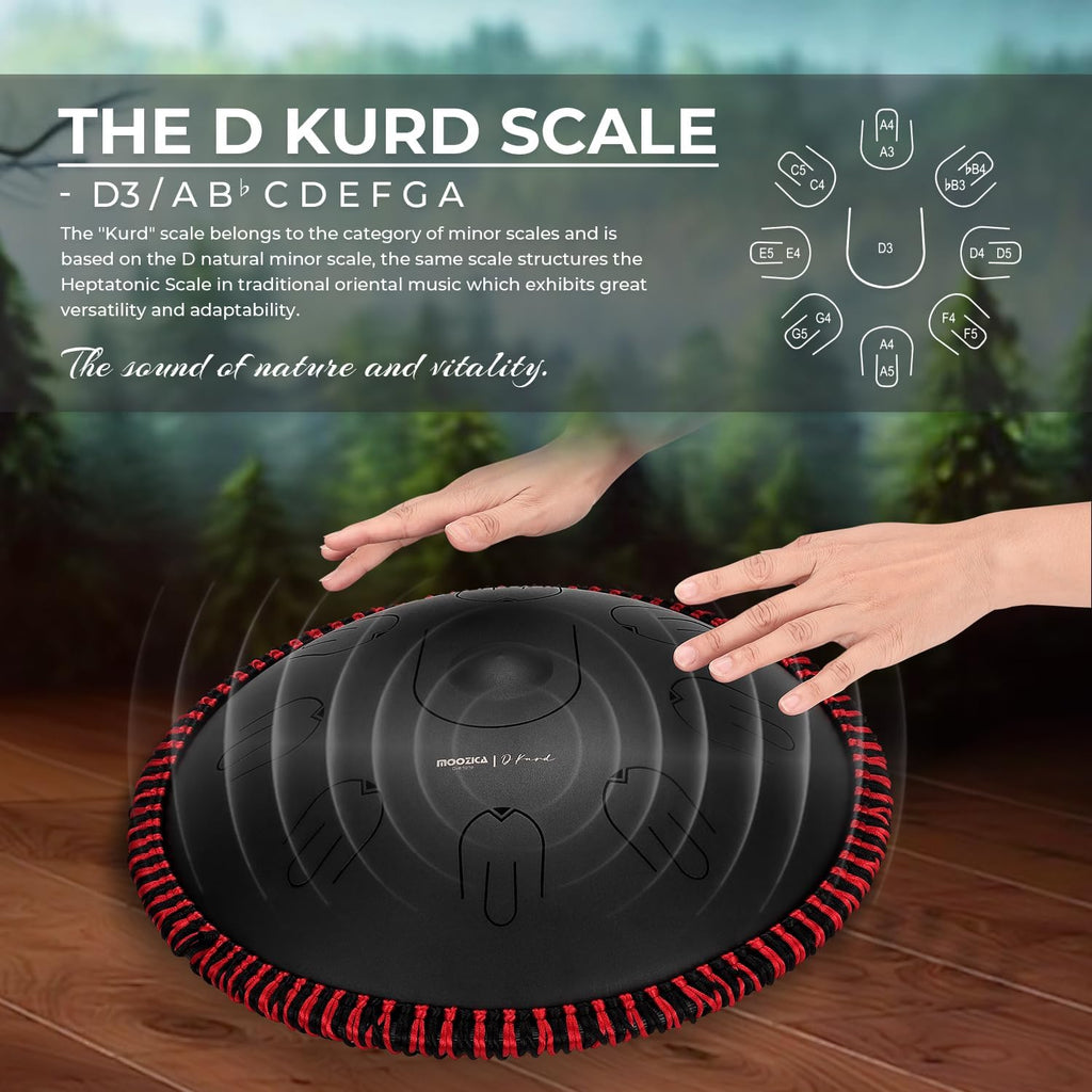 Moozica Steel Handpan Tongue Drum, 14 Inches 17 Notes in D Minor with Octave Overtone Design, Handpan Drum Percussion Instrument With Carry Bag (D-Kurd, Black)
