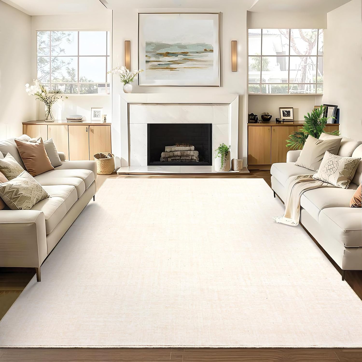 Garvee Solid Washable Rug 9x12 Area Rugs for Living Room Neutral Rugs for Bedroom,Ultra Soft Faux Wool Modern Dining Room Rug,Non Slip&Non-Shedding Low Pile Print Carpet for Home Office,Ivory White