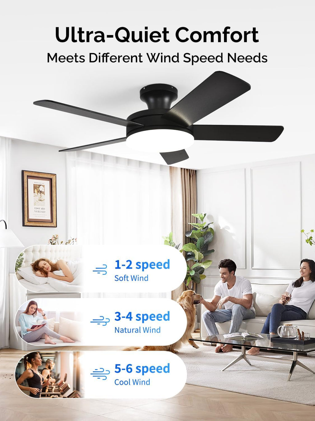 Orison Ceiling Fans with Lights, 45 Inch Low Profile Ceiling Fan with Light and Remote/APP Control, RGB Backlight & LED 3CCT Dimmable, DC Reversible Motor, 6 Speeds, 5 Reversible Blades