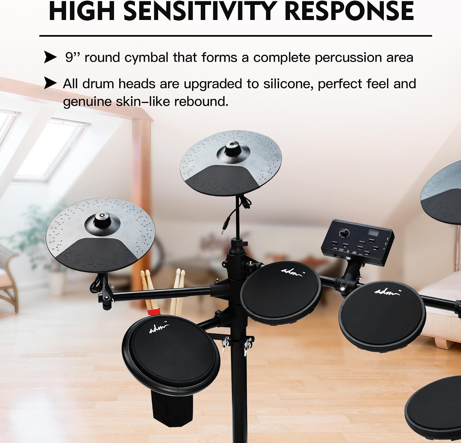 ADM Electronic Drum Set With 4 Quiet Electric Drum Silicone Pads, 180+ Sounds, Electric Drum Kit For Beginngers with 2 Switch Pedals, Throne, Headphones, DrumSticks, and Melodics Lessons