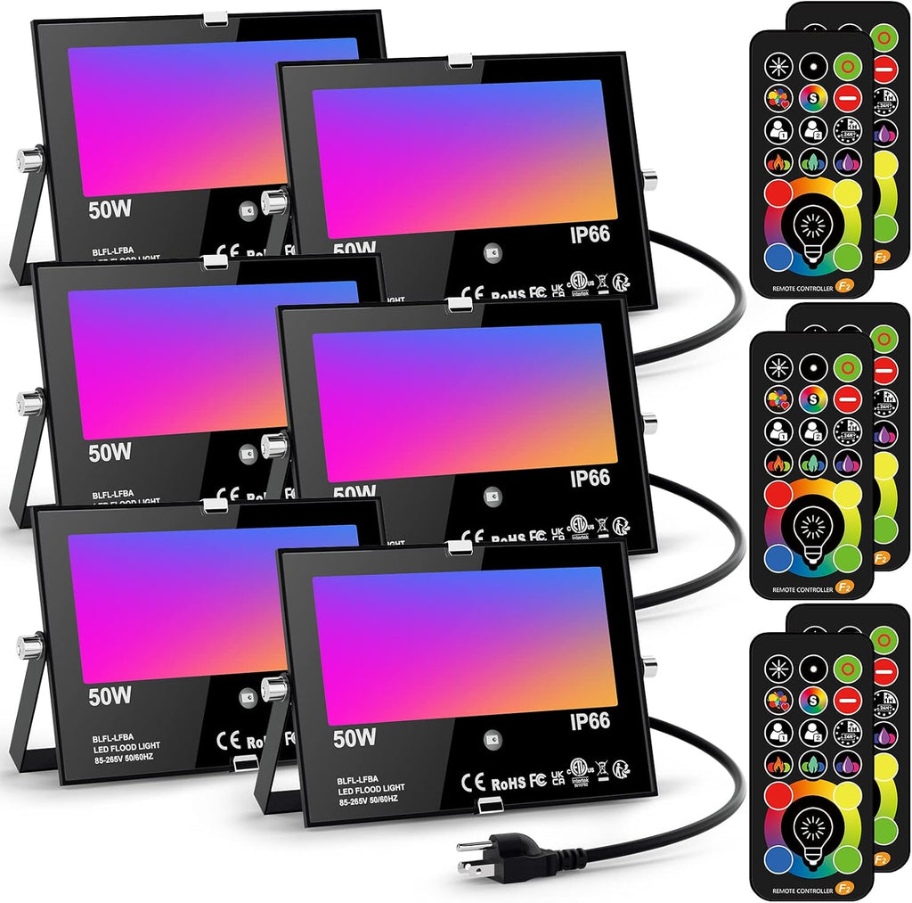 LED Flood Light Outdoor 500W Equivalent Color Changing Landscape Lighting, 24H Timing+120 Colors Strobe+2700K Warm White+DIY Flash, IP66 Waterproof Up Stage House RGB Led Light Indoor US 3-Plug 6Pack