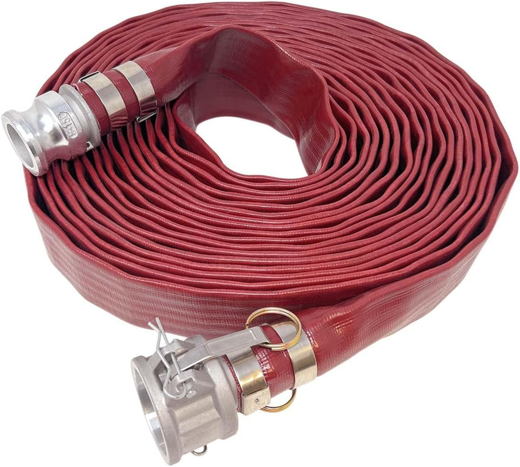 Gloxco 1-1/2' x 100′ Red Heavy Duty Lay Flat PVC Discharge Hose Assembly with Aluminum Cam and Groove C and E Fittings