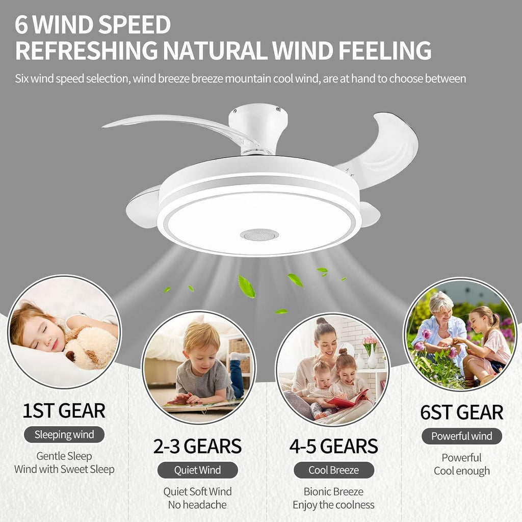 42in retractable ceiling fan with lights remote control,RGB color changing Bluetooth Ceiling Fan With Speaker Low Profile Modern Flush Mount for Bedroom, Living Room fandelier